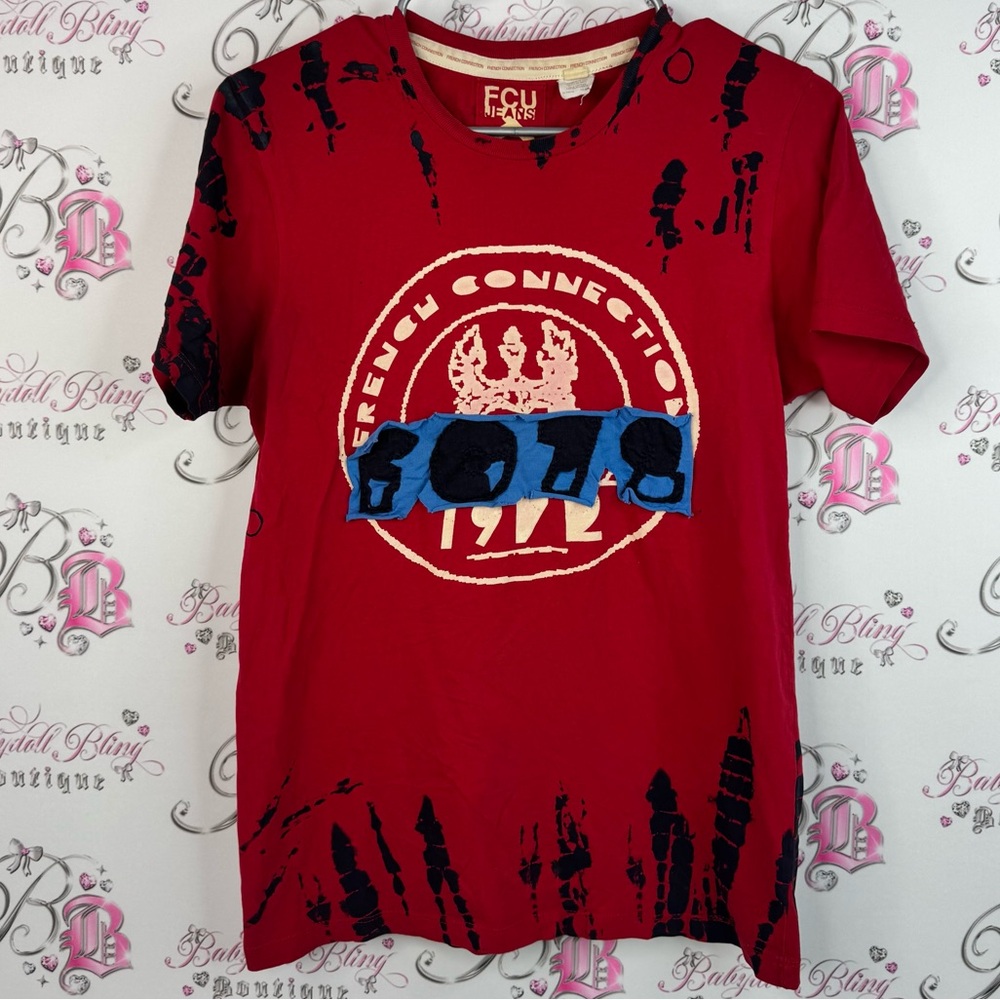French Connection tshirt tee tie dye Red Graphic Tee with Blue Accents
